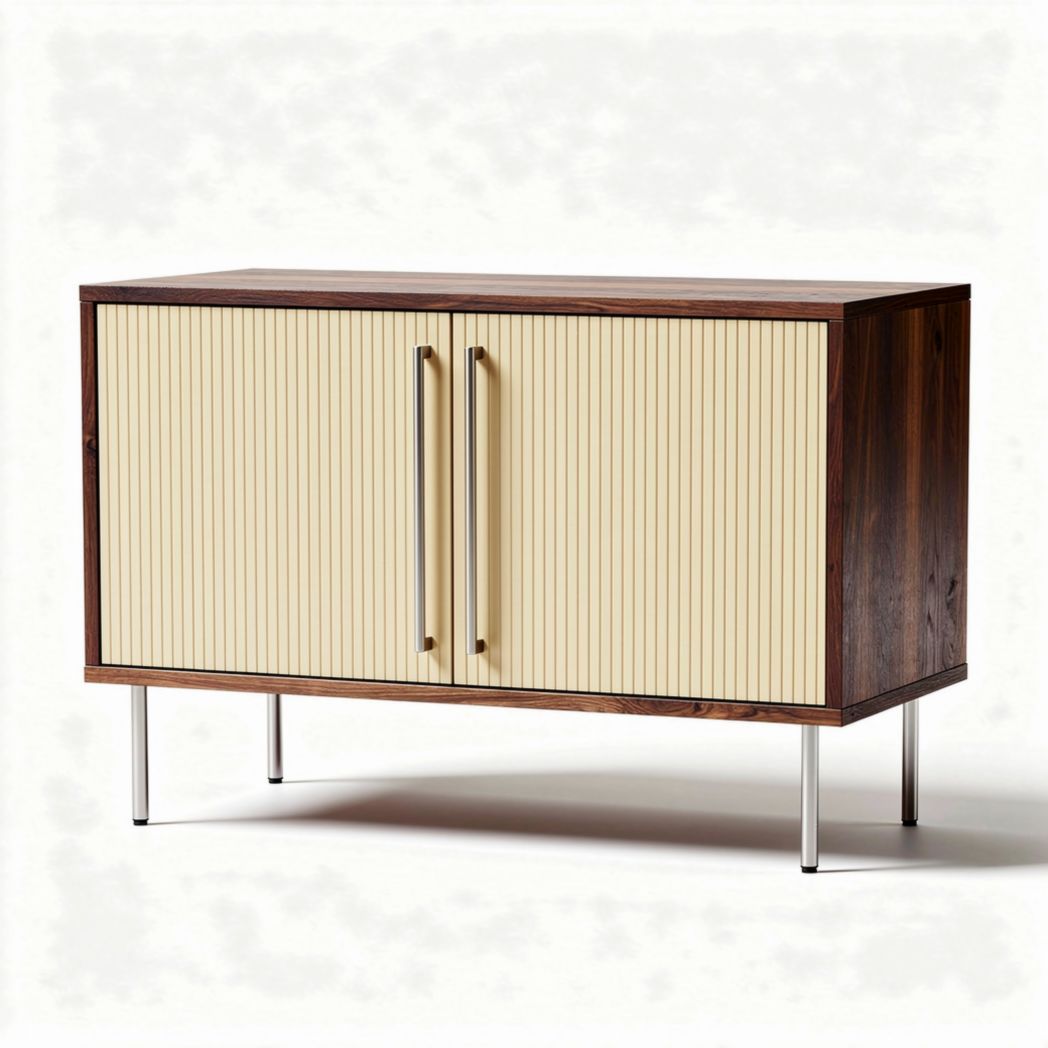 Mobile basso in legno con ante a strisce color crema 150 x 40 x 75cm