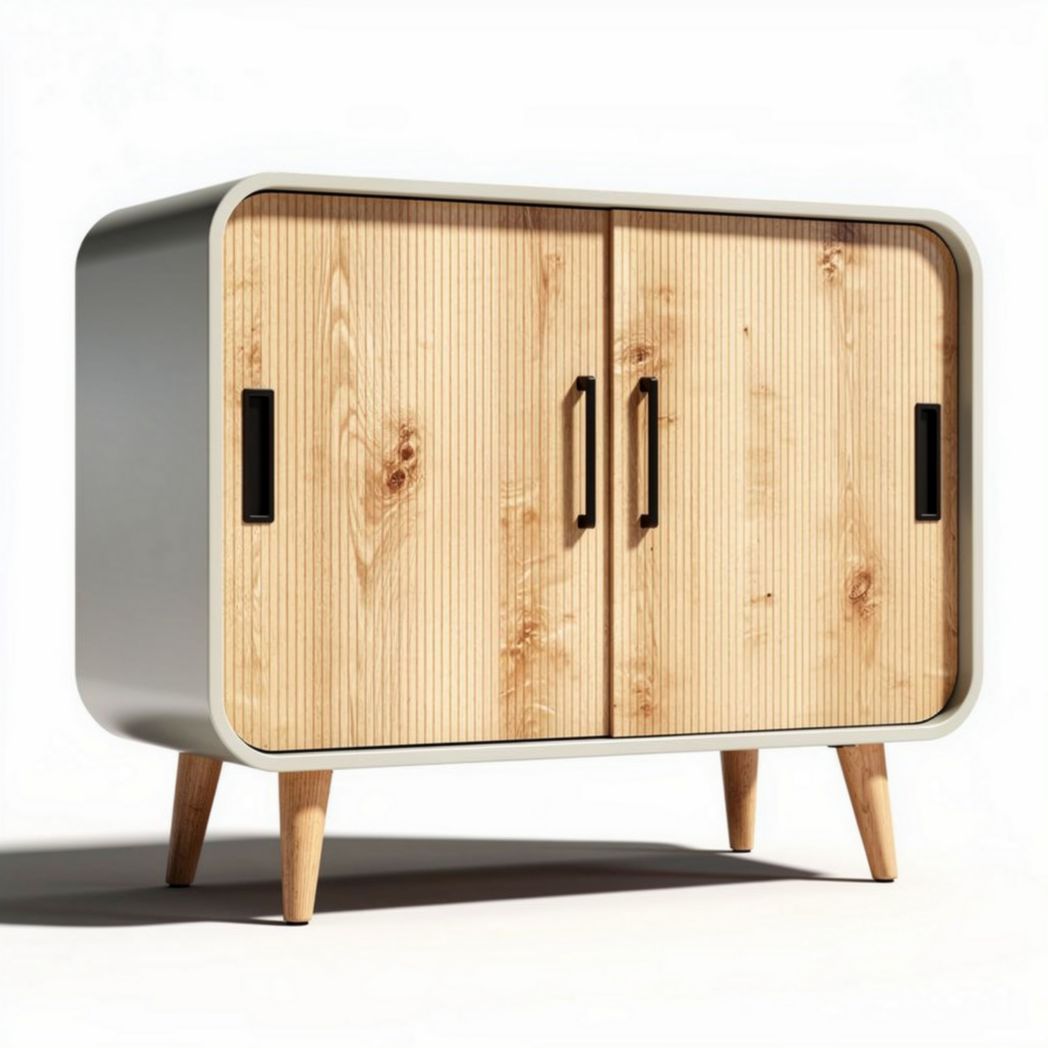 Mobiletto in legno naturale con struttura bianca e aperture a maniglia 90 x 40 x 70cm