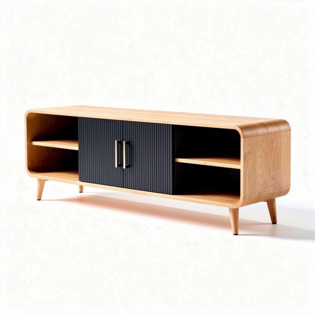 Mobile tv in legno chiaro con porta nera e ripiani aperti 150 x 40 x 50cm